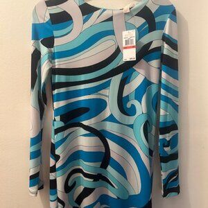 Michael Kors Abstract Geometric Retro Print Shades of Blue Stretch MiniDress NWT